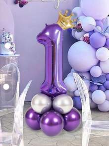 10pcs 40-Inch Purple 0-9 Number Balloons Set, Gold Crown Balloons, Metallic Silver & Purple Latex Balloons, Suitable For Birthday Party, Event Decoration - Multicolor - View 2