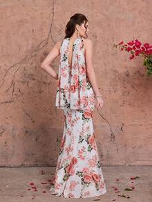 Đầm maxi dáng đuôi cá không dây vai bằng chiffon in hoa Mgiacy kèm khăn choàng, trang phục dạ hội thanh lịch dành cho khách dự đám cưới, tiệc mùa hè, kỳ nghỉ và lễ hội. - Hồng - Xem 2