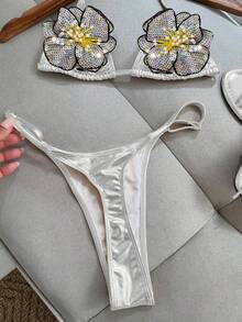 女款夏季純色性感亮面金屬感面料亮片花卉繫帶比基尼套裝，波希米亞風露背海灘度假風 - 銀色 - 查看 2