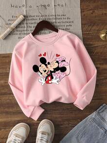 1pc Disney Valentine's Mickey & Minnie Mouse Tween Girl Cute Sweatshirt With Sweet Kissing & Heart Print - Soft & Comfortable For Daily Casual Wear & Valentine's Day Outings - 粉色 - 查看 1