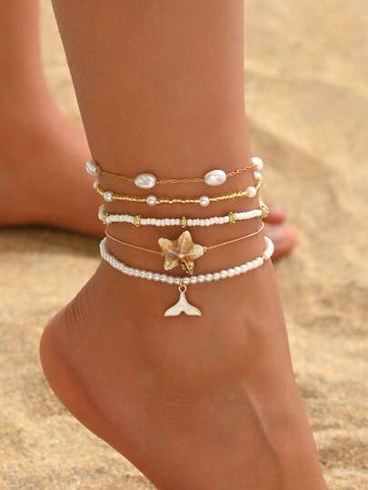 5件套沙滩度假风仿珍珠串珠金色脚链，配海星和鱼尾吊坠，时尚百搭，适合日常佩戴、约会、海滩旅行。