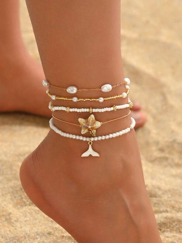 5件套沙滩度假风仿珍珠串珠金色脚链，配海星和鱼尾吊坠，时尚百搭，适合日常佩戴、约会、海滩旅行。