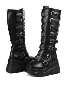 Gothic Knee High Boots For Women Wide Calf Round Toe Wedges Y2K Punk Platform Booties Metal Buckles Zipper Pull On Lug Sole Slip On Party Shoes Wedding Nightclub Concert Colsplay Gladiator Motorcycle Riding Business Casual Easter Spring Summer Womens Tall Combat Boots Black Boots - màu đen - Xem 7