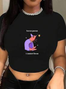 1pc I Cannot Focus Wizard Shrimp Graphic Print Women's Fashion Short Sleeve T-Shirt,Y2K Top Crop,Back To School,Vintage,Street Wear, Rock, Holiday, Vacation, Festival, Summer Tops - 黑色 - 查看 1