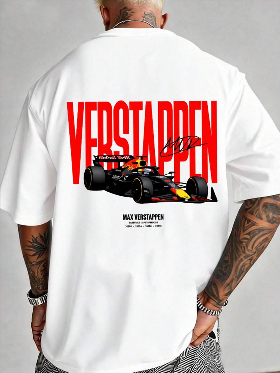 Red Bull F1 Racing-Themed Printed T-Shirt, Men's Fashionable Racing Graphic T-Shirt, White Pure Cotton Short-Sleeved T-Shirt, Streetwear, Casual And Comfortable, Suitable For Everyday Wear And Outdoor Activities, Stylish And Versatile, Summer Clothing, A Great Gift For Men. - 白色 - 查看 1