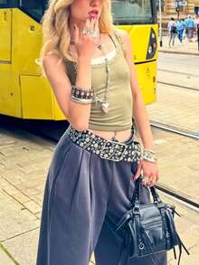 Women's Fashion Y2K Rivet Inlaid Tank Top Solid Color Sleeveless Round Neck Slim Fit Top - Army Green - View 3