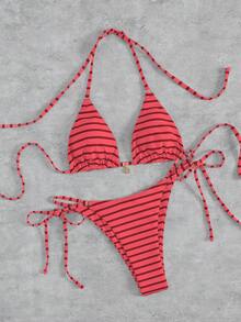 Neues gestreiftes Dreiecks-Bikini-Set mit Metallanhänger-Dekor, Spaghettiträger, rückenfrei, Party-Strand-Badeanzug für elegante Frauen - Rosa - Übersicht 6