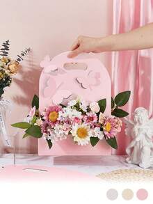 3个蝴蝶手柄花盒，优雅手提花盒，适用于婚礼、教师节、手工时尚精美花篮、插花盒、花卉礼品盒、婴儿派对（粉色、白色、米色） - 彩色 - 查看 3