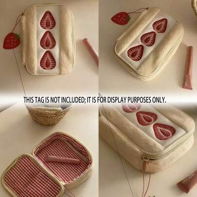 1pc Strawberry Sandwich Plush Pencil Case - Cute Floral Cosmetic And Stationery Storage Bag, Large Capacity Portable Makeup Brush Holder, Multi-Pocket Design, Lovely Valentine's Day Gift, Essential For Spring Travel, Minimalist Desk Decor, Great Gift For Friends