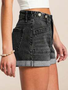 Summer Women's Mid-Rise Washed Denim Bermuda Shorts With Straight Leg, Slightly Stretchy Jean Shorts With Adjustable Waist And Patch Pockets - 黑色 - 查看 3