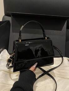 1pc New Fashionable Solid Color Textured PU Leather Flap Square Handbag, Minimalist Western Style Versatile Commuter Elegant Shoulder Bag With Detachable Adjustable Strap - Black - View 6