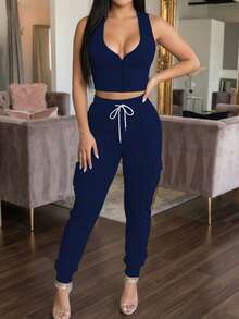 Conjunto de 2 piezas de top sin mangas de unicolor casual de verano y pantalones largos con bolsillo y cintura elástica para mujer - azul real - Ver 6