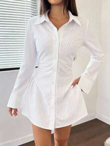 Striped Waist Pleated Slim Fit Long Sleeve Shirt Dress, Fashionable Minimalist Casual Dress For Commuting, Spring/Autumn, Suitable For Holidays, Graduation Season, Back To School, Dates - White - View 1