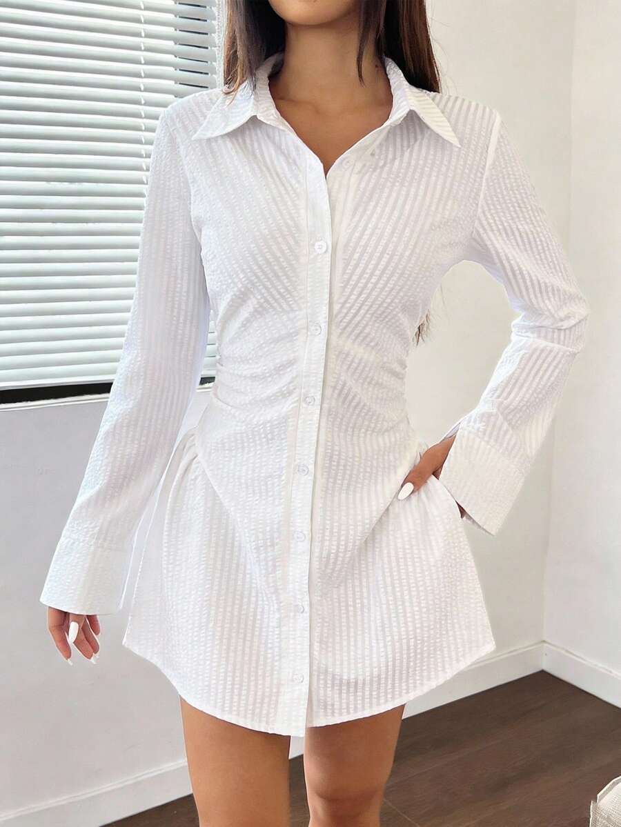 Striped Waist Pleated Slim Fit Long Sleeve Shirt Dress, Fashionable Minimalist Casual Dress For Commuting, Spring/Autumn, Suitable For Holidays, Graduation Season, Back To School, Dates - White - View 1