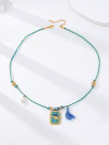 1pc Summer Vacation Bohemian Style Beaded Necklace, Layered Ocean Life Starfish & Dolphin Pendant Necklace, Bohemian Style Jewelry, Perfect For Pairing With Bikini Swimwear - Multicolor - View 12