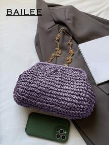 Túi đeo chéo dệt mùa hè dành cho nữ với dây tua rua, túi xách đi biển dệt bằng rơm, ví handmade, 1 chiếc túi cầm tay dệt màu be nhạt, túi đi biển, lý tưởng cho kỳ nghỉ hè, lựa chọn thời trang cho phái nữ. - Màu tím - Xem 10