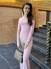 2 Stücke/Set Langarm-Top und weite Hose Outfit, lässiger Streetstyle Trainingsanzug, bequem für Frühling/Sommer - Pink - Übersicht 3