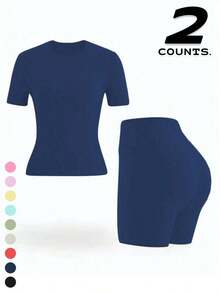 2 Piece Women's Solid Color Activewear Set, Crew Neck & Lapel Short Sleeve Tees With High-Waisted Biker Slim-Fit Shorts, High Stretch Gym Workout Outfit, Fitness Sportswear For Indoor Outdoor Casual Gym Fitness Workspace - 藏蓝色 - 查看 6