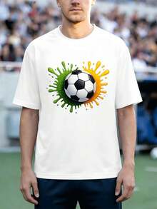 Camiseta con estampado gráfico de fútbol en aerosol, tejido de alta calidad, cuello redondo, ajuste cómodo, estampado gráfico único - Blanco - Ver 2