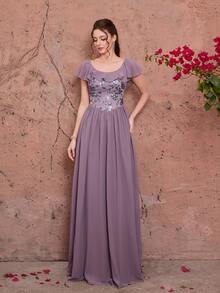 亮片点缀优雅荷叶边雪纺长裙，适合伴娘、婚礼、晚宴、派对等场合。 - 淺灰紫 - 查看 1