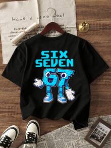 1 Stück Kleinkind Jungen Straßen-Stil Rundhals Kurzarm T-Shirt, lustiger Pixel Nummer SECHS SIEBEN & Cartoon Bauklötze Muster, schwarzes lässiges atmungsaktives Sommer-Top, geeignet für den täglichen Gebrauch, Schule und als Geburtstagsgeschenk - Schwarz - Übersicht 3