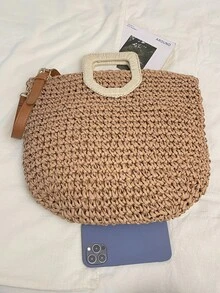 1pc Large Capacity Tote Bag, Fashion Shoulder Bag, Straw Woven Beach Bag, Suitable For Daily Use, Vacation - Khaki - View 5