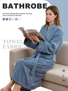 Unisex Terry Cloth Bathrobe, 100% Premium Cotton Robe For Men And Women, Ultra Soft & Highly Absorbent With Pockets & Adjustable Belt, Breathable All Season Loungewear For Spa, Shower & Home, Multiple Colors Available - 藏蓝色 - 查看 2