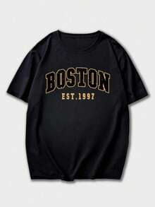 Simple Studio | Men's Summer Boston Letter Print Round Neck Short Sleeve T-Shirt - Black - View 3
