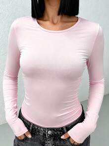 女士修身圆领长袖上衣，休闲百搭，适合约会、购物和居家休闲穿着，略微透视修身剪裁，面料柔软轻盈，百搭T恤，休闲办公装，女士冬季服装，适合情人节约会和春季穿着。 - 淺粉色 - 查看 2