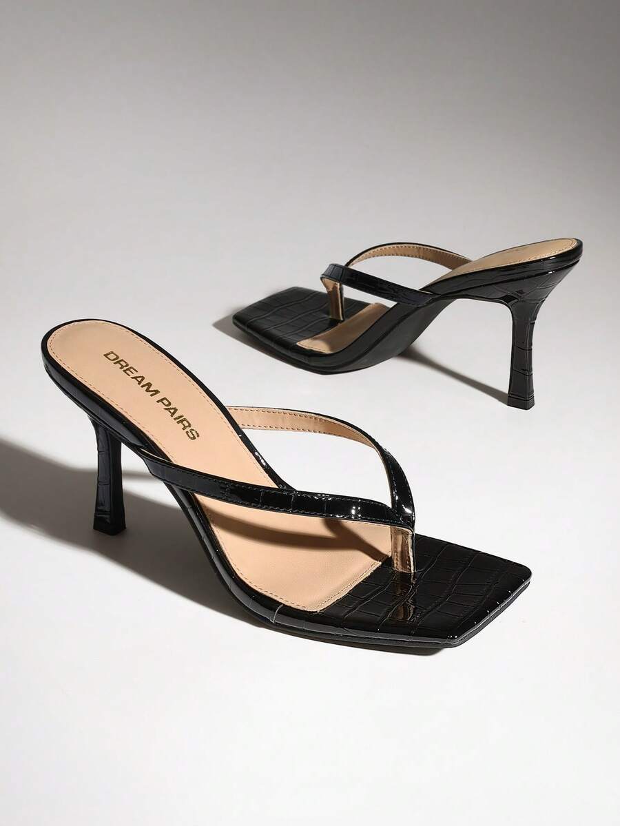 Women Backless Kitten Heel Sandals, Versatile Stilettos Thong Sandals Fashion Square Toe Wide Strap Slide Sandals For Formal, Party, Work & Daily Wear - 黑色 - 查看 1