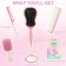 Juego de 5 cepillos para el cabello cepillo definidor de rizos para desenredar cepillo de cerdas de jabalí y peine de dientes anchos y cola de rata con espejo de viaje kit de regalo para el cuidado del cabello para mujeres hombres y rosa-B031 - Rosa - Ver 6
