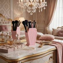 Spider Web Makeup Brush Holder Organizer, Coffin Shaped Gothic Cosmetic Brush Storage Cup, Desktop Pen Pencil Holder, Vanity Decor, Pink/Black - 彩色 - 查看 6