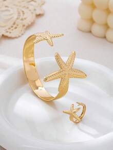 1 Set Summer Beach Star Shell Bracelet & Adjustable Metal Star Ring, Suitable For Women To Wear Daily And On Beach Vacation - Yellow Gold - View 5