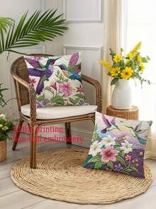 2pcs 2D Hummingbird & Floral Pattern Throw Pillow Covers, Farmhouse Style Faux Embroidery Decorative Cushion Covers, 18X18 Inch, Zippered Polyester Pillowcases, Suitable For Sofa, Living Room, Outdoor Use - Multicolor - View 5