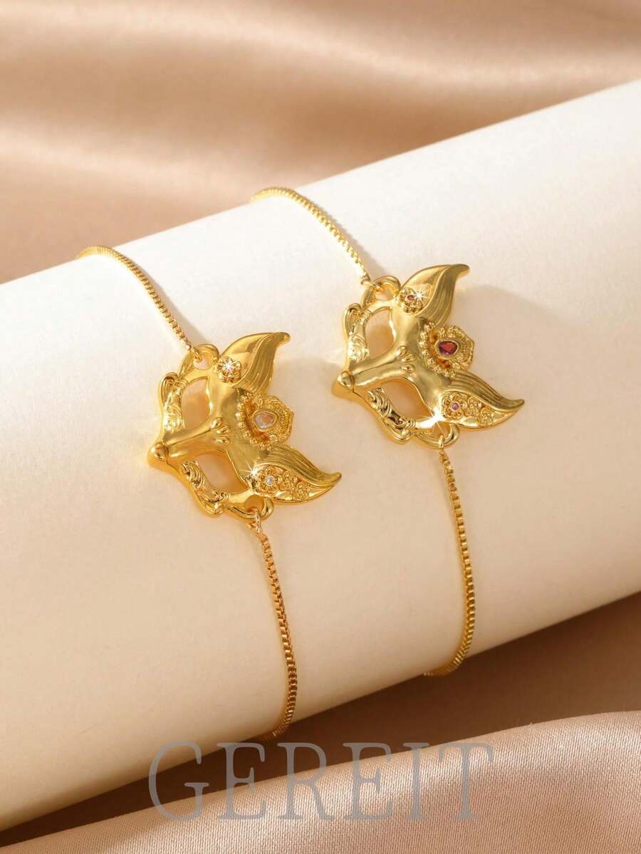 GEREIT 1pc Elegant 14K Gold Plated Copper Fox Mask Clasp Adjustable Bracelet, Versatile Daily Wear, Mother's Day Gift - Fox Mask - View 1