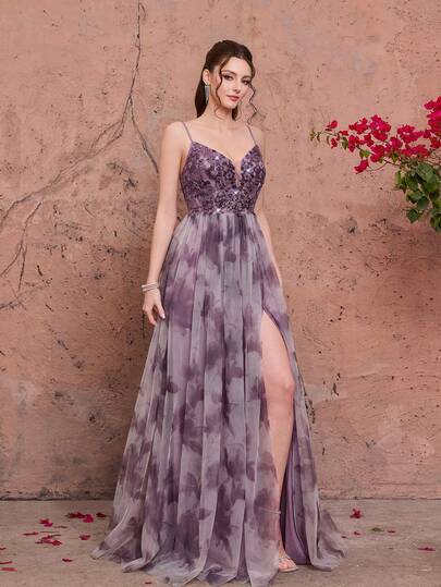 Vestido largo de tul con tirantes de espagueti, estampado floral morado con lentejuelas, vestido elegante de verano para mujer para boda, baile de graduación, fiesta, vacaciones y festival