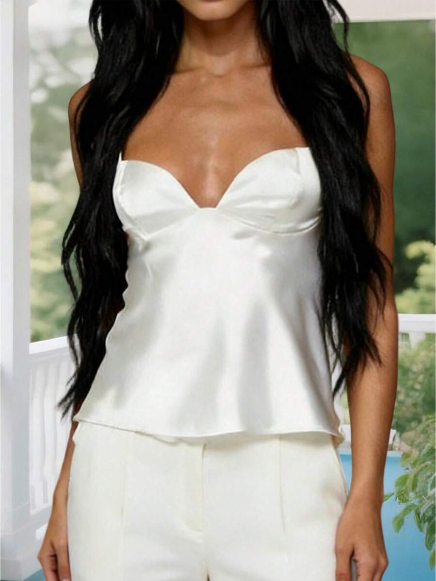 Women's Satin Spaghetti Strap Cami Top Deep V Neck Backless Crop Tank Top Elegant Silky Party Club Going Out Vest - 白色 - 查看 1