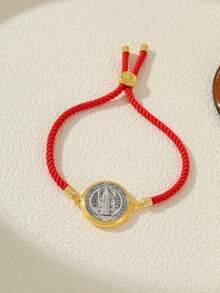 1pc Adjustable Red Cord St. Benedict Cross Pendant Bracelet, Gift For Women - Yellow Gold - View 4