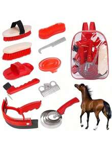 10pcs Horse Grooming Kit, Horse Care Set, Includes Horse Brush, Curry Comb, Hoof Pick, Sweat Scraper For Horse Riding Care - Red 10-piece Set - View 2
