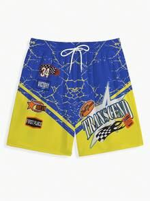 男士字母数字印花抽绳腰休闲沙滩短裤 - 彩色 - 查看 2