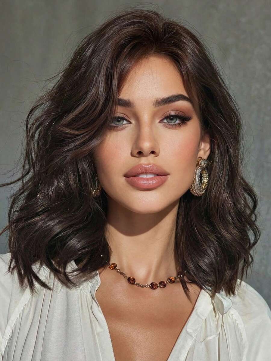 14英寸自然短卷棕色假发，耐热，中分直发，适合节日、日常、派对、时尚造型，合成纤维假发，适用于万圣节、圣诞节、新年、狂欢节、音乐节、角色扮演等场合，耐热假发 - 黑棕色 - 查看 1