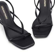 Women Minimalist Kitten Low Heel Thong Heeled Sandals, Fashion Square Toe Ankle Strap Heeled Sandals For Wedding Party Casual Wearing Dressy Occasions - màu đen - Xem 6
