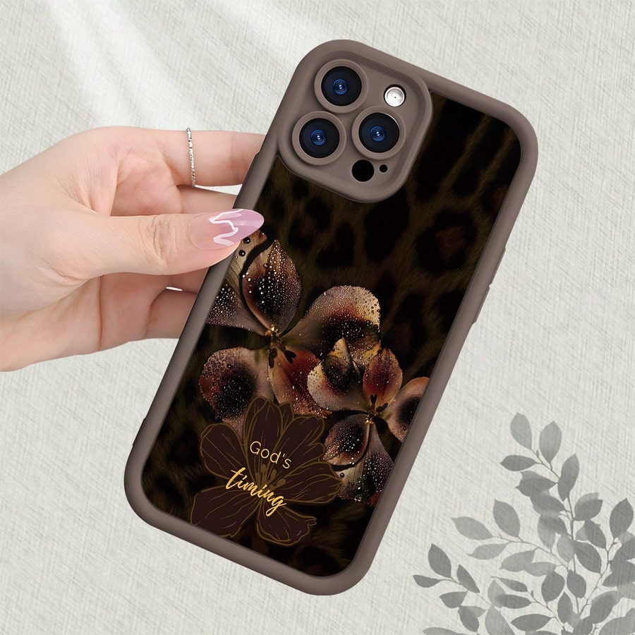 Vintage Leopard Print & Floral Phone Case For IPhone 17 16 15 14 13 12 11 7 X Pro Max, Aesthetic "God's Timing" Letter Graphic Cheetah Pattern Shockproof Soft Silicone Protective Cover