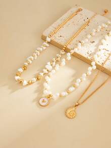 Set de 3 collares con colgante de concha marina y cuentas de perlas falsas, elegante y glamoroso para vacaciones, casual, fiesta, citas, cumpleaños de mujer, regalo de joyería versátil - collar - Ver 8
