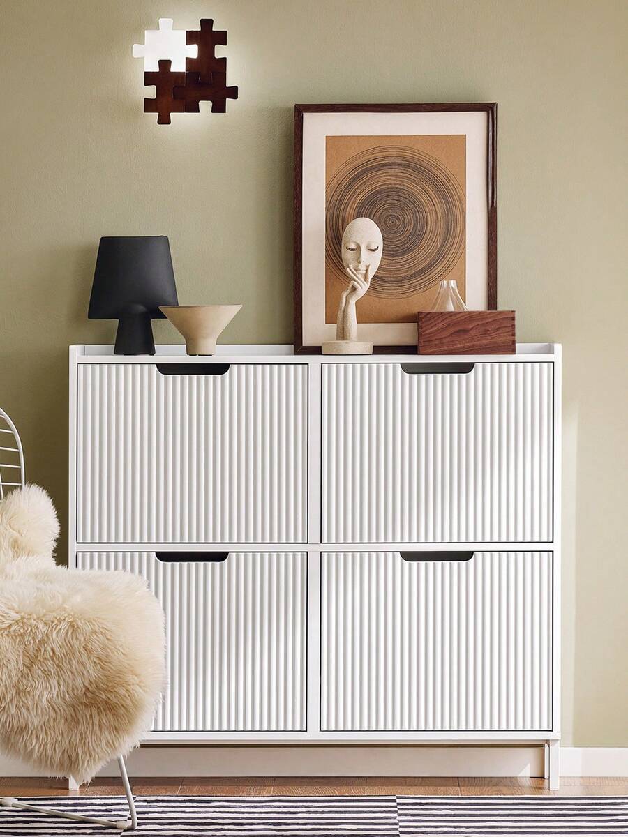 SoBuy Shoe Rack With 4 Flaps, Slim Shoe Cabinet, Shoe Rack With 4 Shelves, Shoe Chest Of Drawers, Shoe Storage, White, W X H X D Approx. 100 X 91 X 19 Cm FSR177-L-W