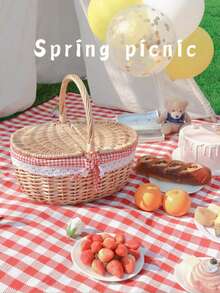 1 PIEZA - Cesta de picnic tejida a mano de mimbre con asa y doble tapa, adecuada para almacenar alimentos, frutas, vacaciones, camping, compras, decoración del hogar. Hecha de mimbre natural tejido a mano puro, puede haber una ligera diferencia de color debido a los factores de crecimiento, pero no afecta la estética y la usabilidad. Por favor, compre con confianza. - Cesta de picnic - Ver 4