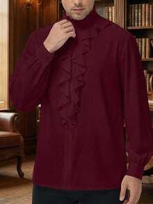 Camisa de manga larga con cuello de volantes estilo medieval para hombres, disfraz de estilo gótico para festivales y fiestas - Burdeos - Ver 5