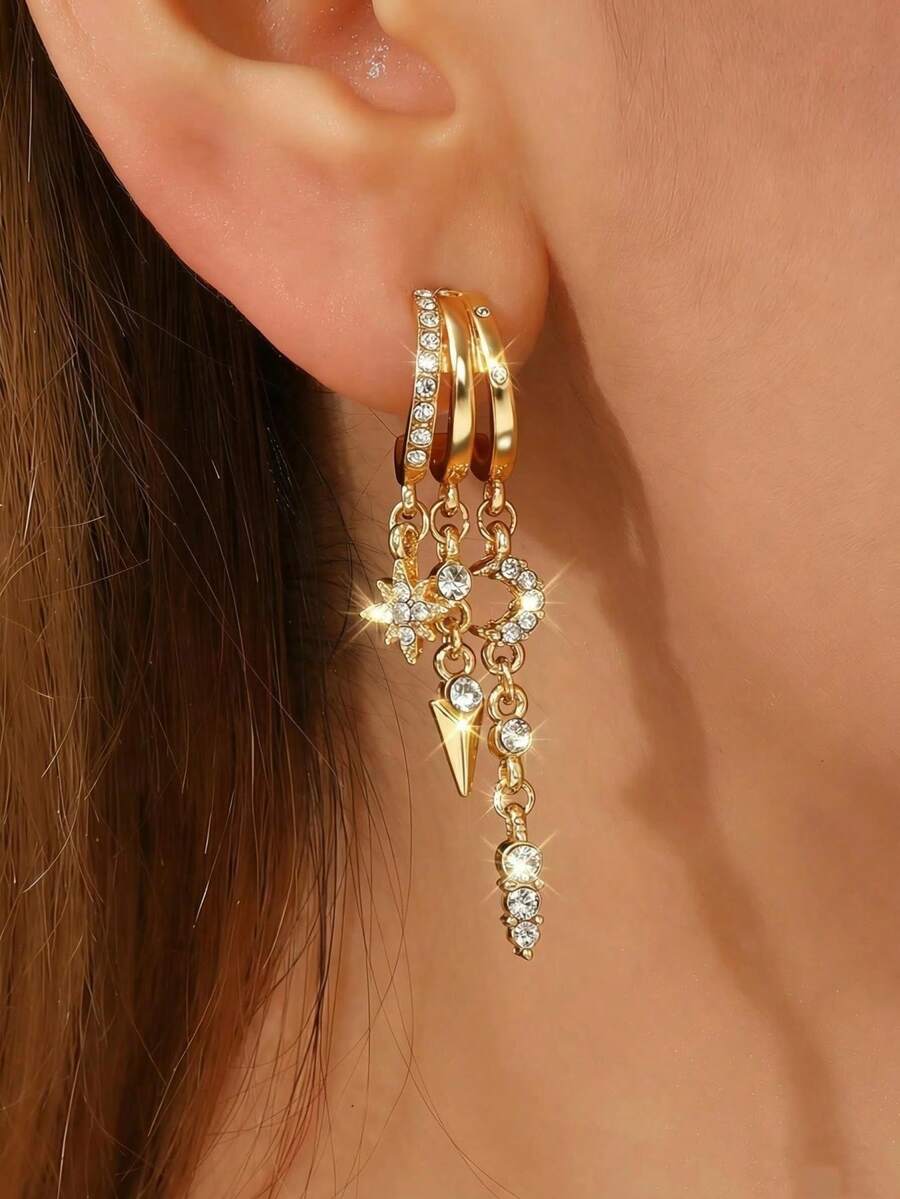 1 Pair Asymmetrical Star & Moon Tassel Earrings, Unique Design Rhinestone Embellished Elegant Eardrops, Girlfriend Gift - Star and Moon Tassel Earrings - View 1