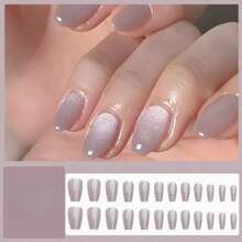 24 Pieces Short Cat-Eye Nail Pressers, Light Purple Crystal Glue, Silver Glitter Design, Gradient Fake Nail Gel Set, Artificial Fake Nails, Suitable For Women And Girls. - 透紫晶石貓眼 - 查看 2