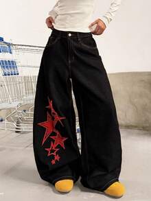 1pc Women's Vintage Street-Style Embroidered Curved Knife Loose Wide-Leg Jeans, Versatile For All Seasons (This Product Does Not Include Belt/Accessories) Spring Casual Black - Black - View 4